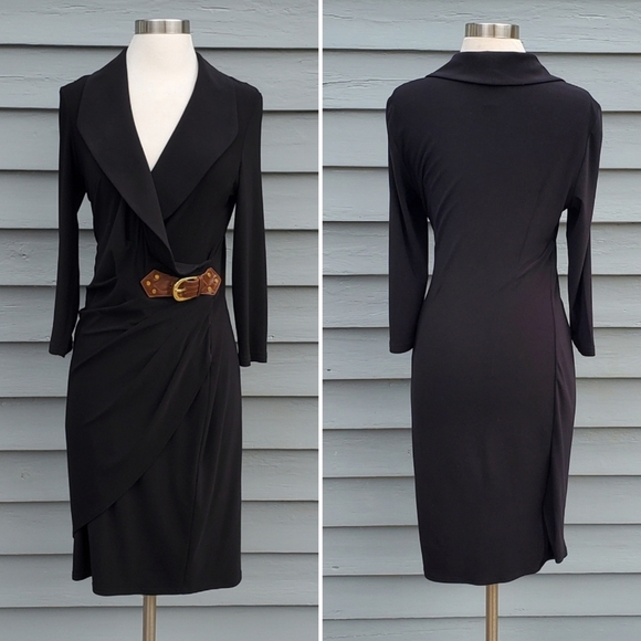 Vintage 90s y2k Joseph Ribkoff Black Slinky Stretchy Belted Faux Wrap Midi Dress - Picture 5 of 5